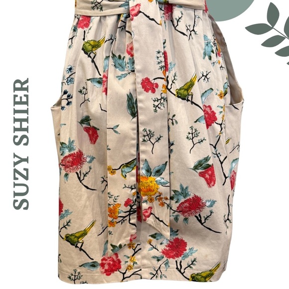 🛍️3/$40 Suzy Shier Sleeveless Floral Dress w Tie Waist Fitted Cream Print Small - Picture 7 of 8